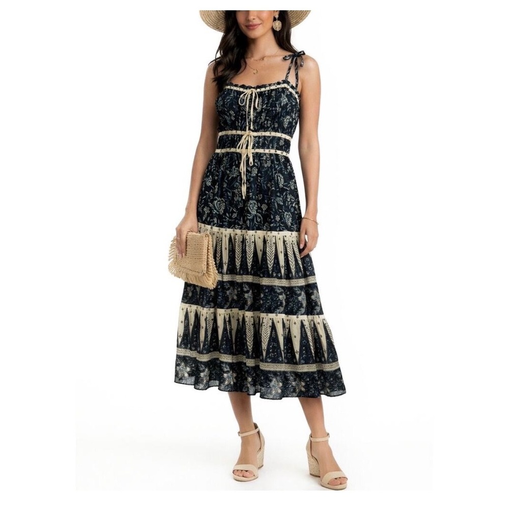Christian Lacroix Tiered Floral Midi Dress in Cream and Navy, Womens Size Medium